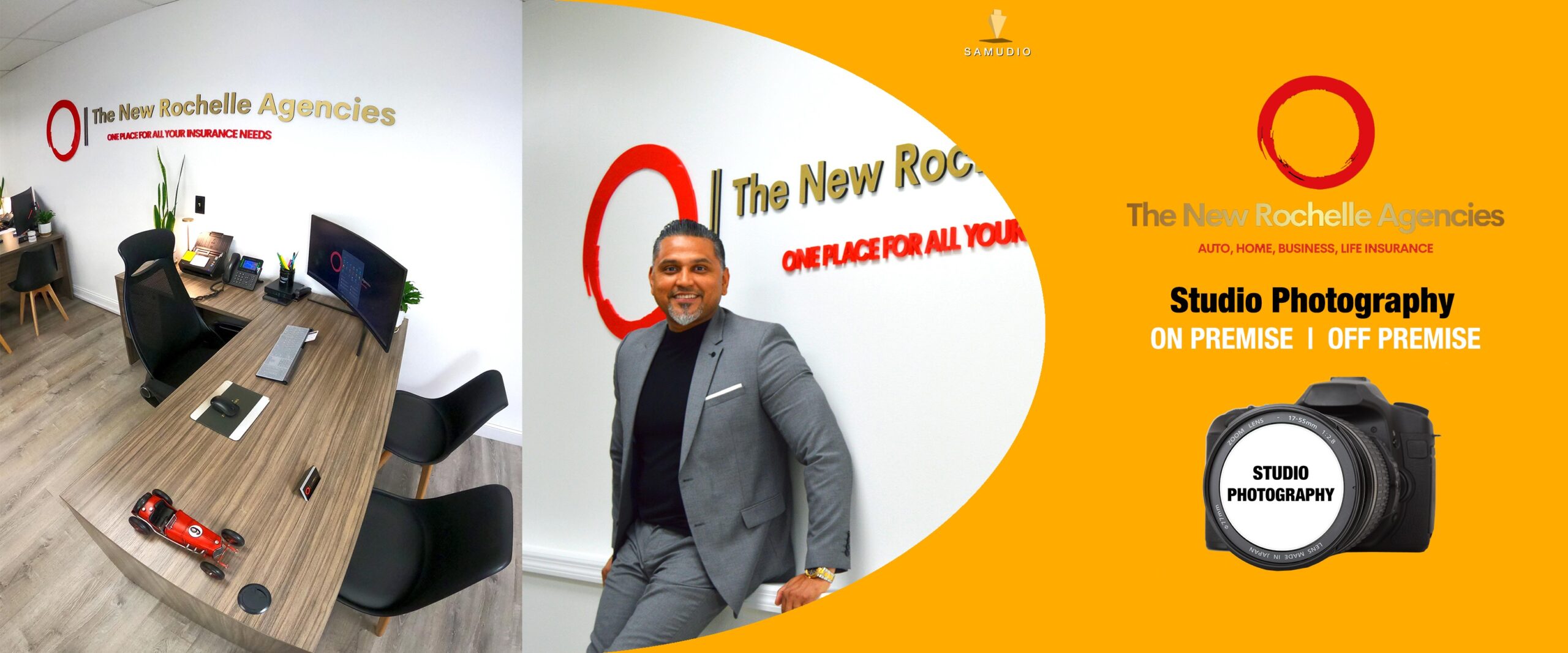 Studio photography for The New Rochelle Agencies showcasing professional business portraits and branded imagery designed to enhance local visibility, strengthen brand presence, and help the agency dominate its local market.