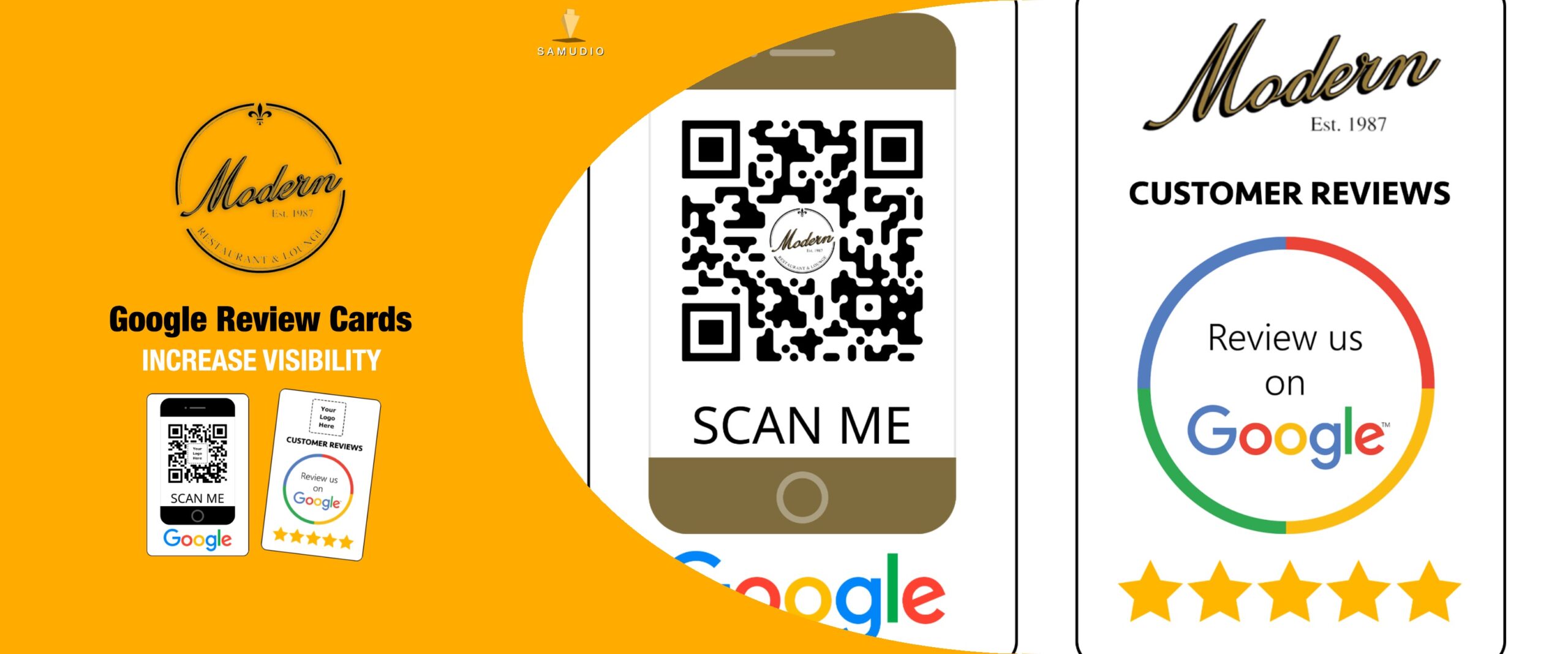 Google review cards for Modern business showcasing a customer review marketing solution designed to increase Google reviews, boost local search visibility, and help the brand dominate its local market.