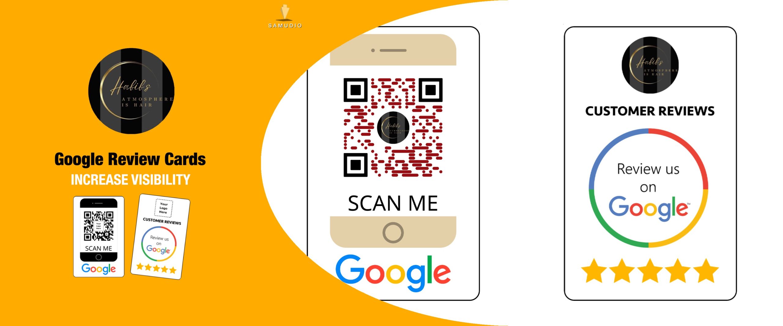 Google review cards for Habibs Atmosphere is Hair showcasing a customer review marketing solution designed to generate more Google reviews, increase local search visibility, and help the hair salon dominate its local market.