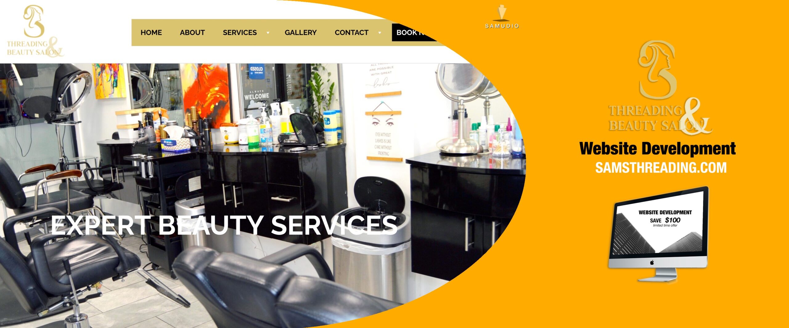 Website development project for Sams Threading & Beauty Salon showcasing a modern, responsive salon website designed to improve local SEO, attract new clients, and help the beauty salon dominate its local market.