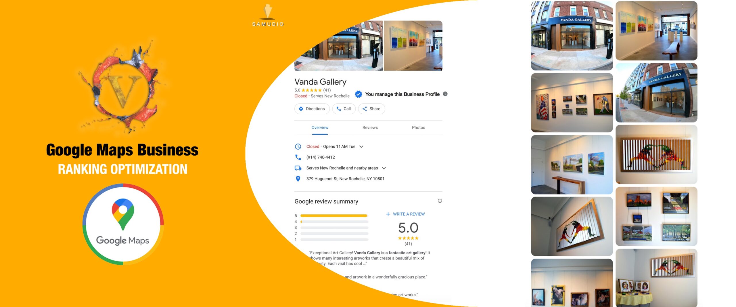 Google Maps Business Profile optimization for Vanda Gallery showcasing enhanced local map visibility, improved customer engagement, and strategies to help the art gallery dominate its local market.