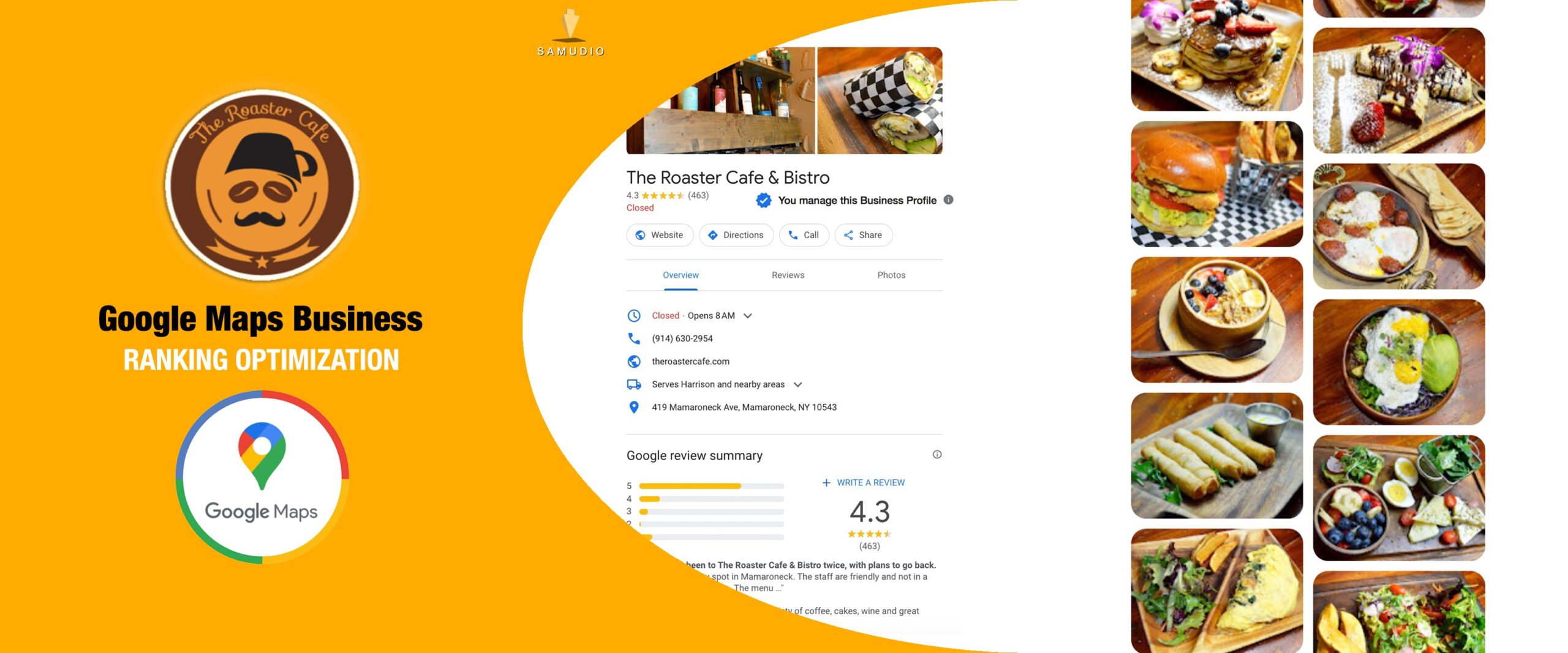 Google Maps Business Profile optimization for The Roaster Cafe showcasing enhanced local map visibility, improved customer engagement, and strategies to help the cafe dominate its local market.