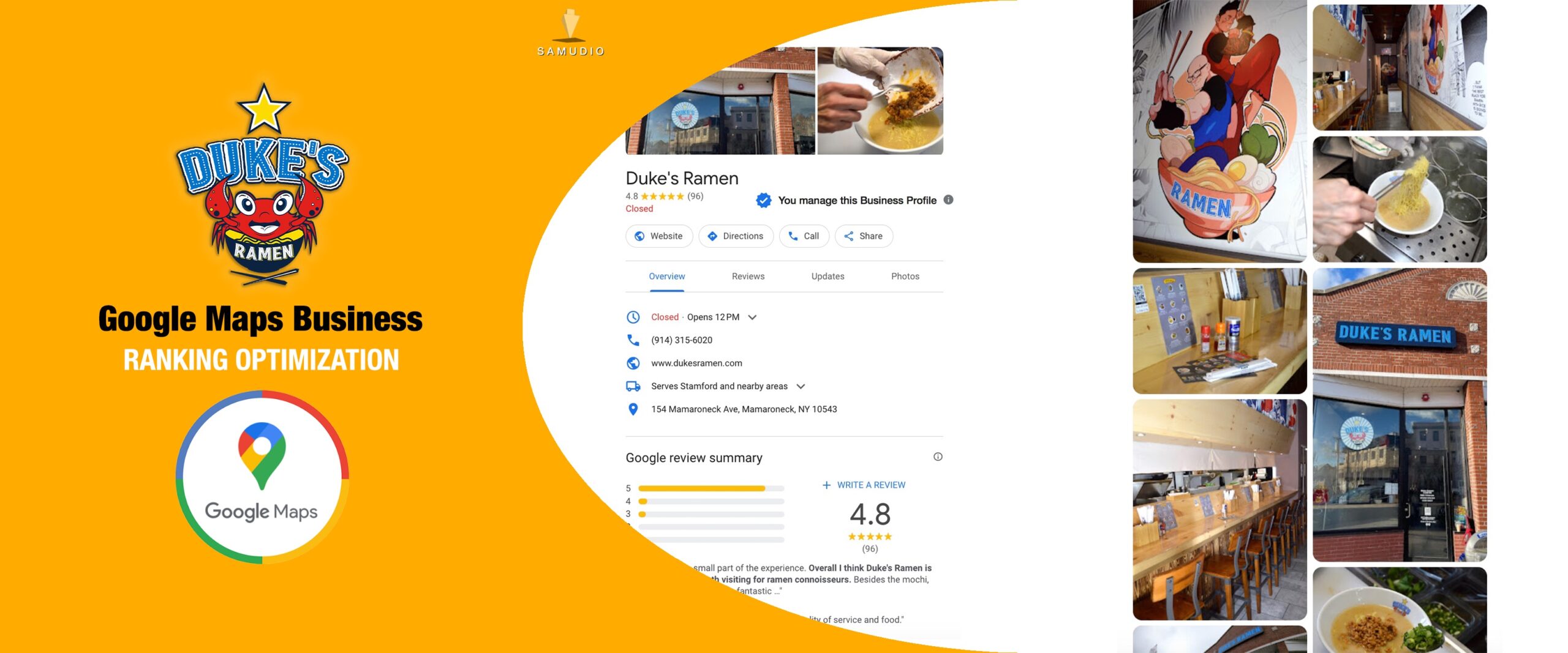 Google Maps Business Profile optimization for Dukes Ramen showcasing enhanced local map visibility, improved customer engagement, and strategies to help the restaurant dominate its local market.