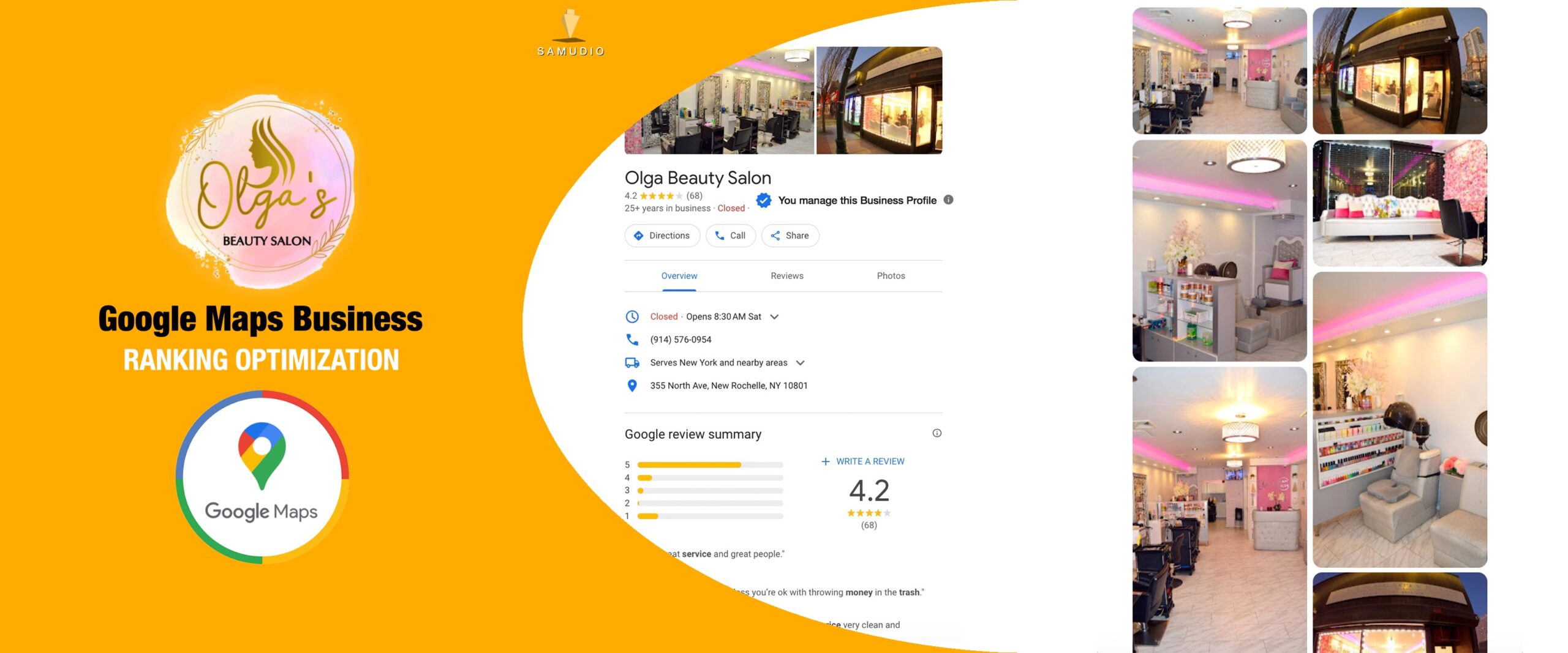 Google Maps Business Profile optimization for Olga’s Beauty Salon showcasing enhanced local map visibility, improved customer engagement, and strategies to help the beauty salon dominate its local market.