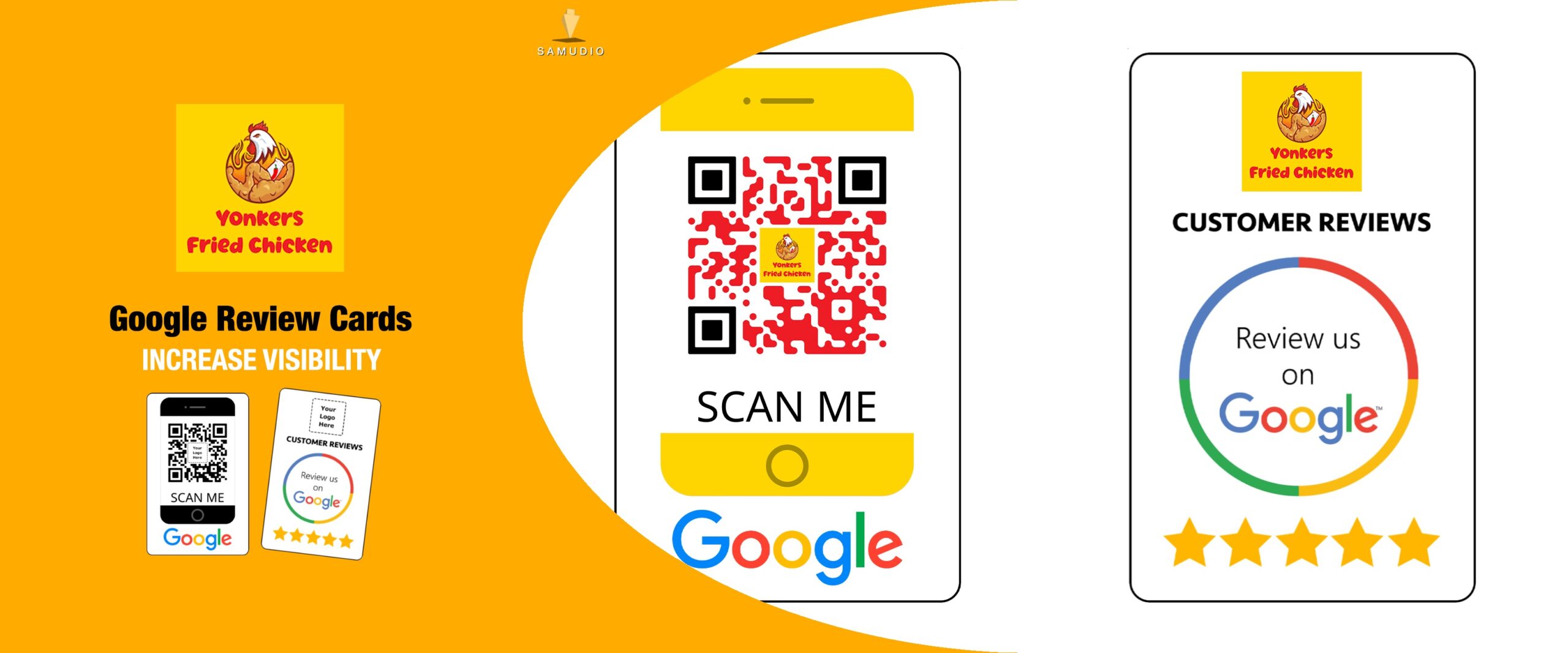 Google review cards for Yonkers Fried Chicken created by Samudio Studios, a marketing agency, showcasing a customer review solution that delivers real results for clients and helps the business dominate its local market.”