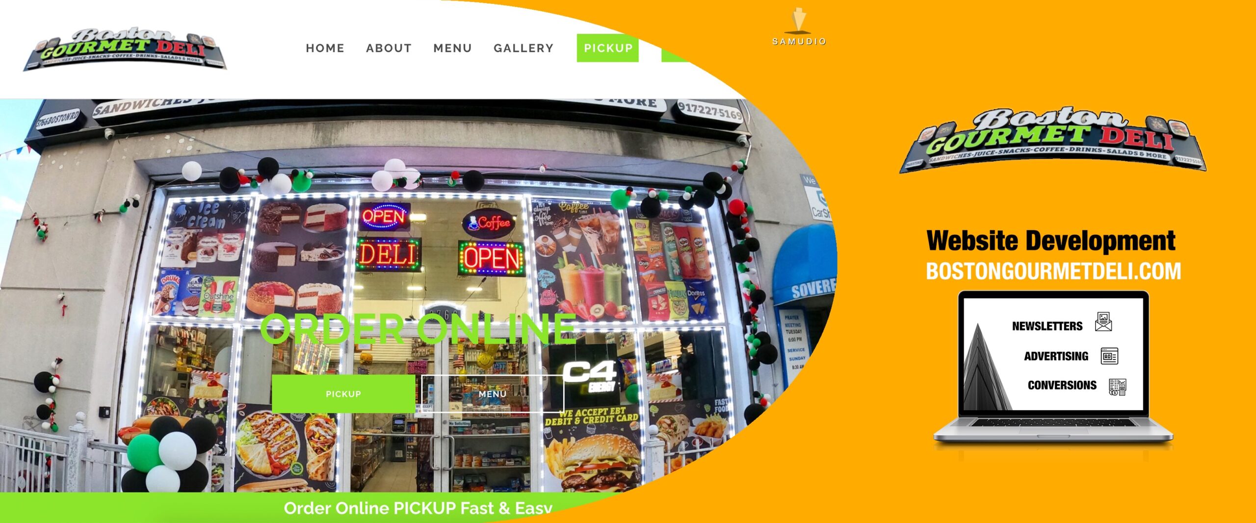 Website development for Boston Gourmet Deli by Samudio Studios, a marketing agency, showcasing a modern, responsive website that delivers real results for clients and helps the deli dominate its local market.