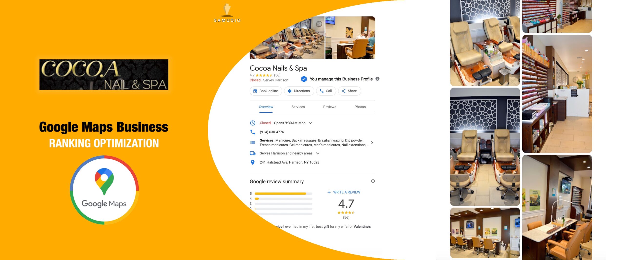 Google Maps Business Profile optimization for Cocoa Nail & Spa by Samudio Studios, a marketing agency, showcasing enhanced local visibility and real results for clients to help the spa dominate its local market