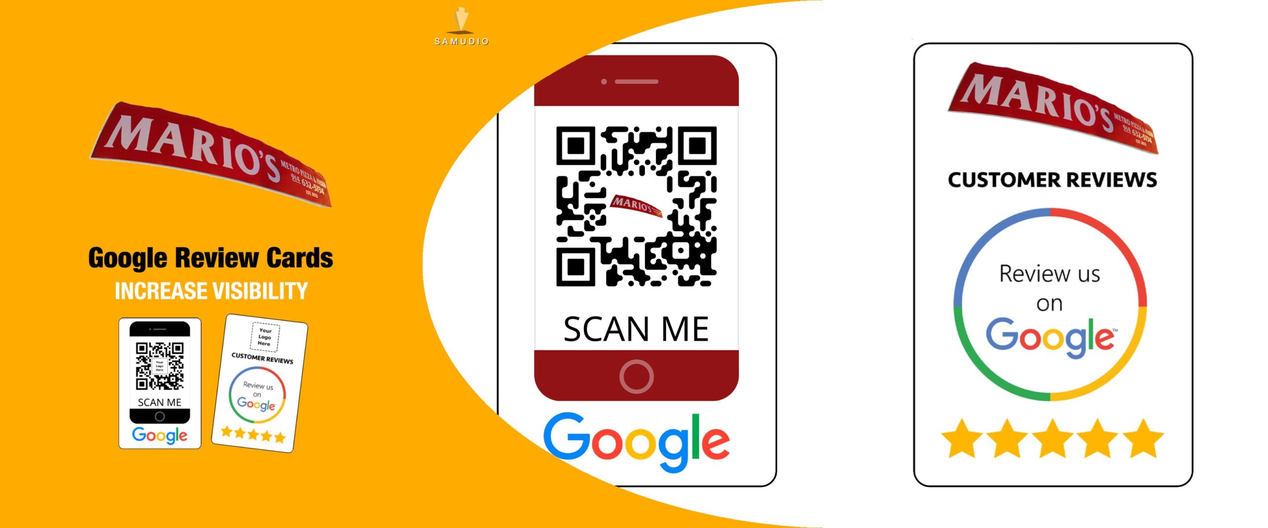 Google review cards for Mario’s created by Samudio Studios, a marketing agency, showcasing a customer review solution that delivers real results for clients and helps the business dominate its local market.