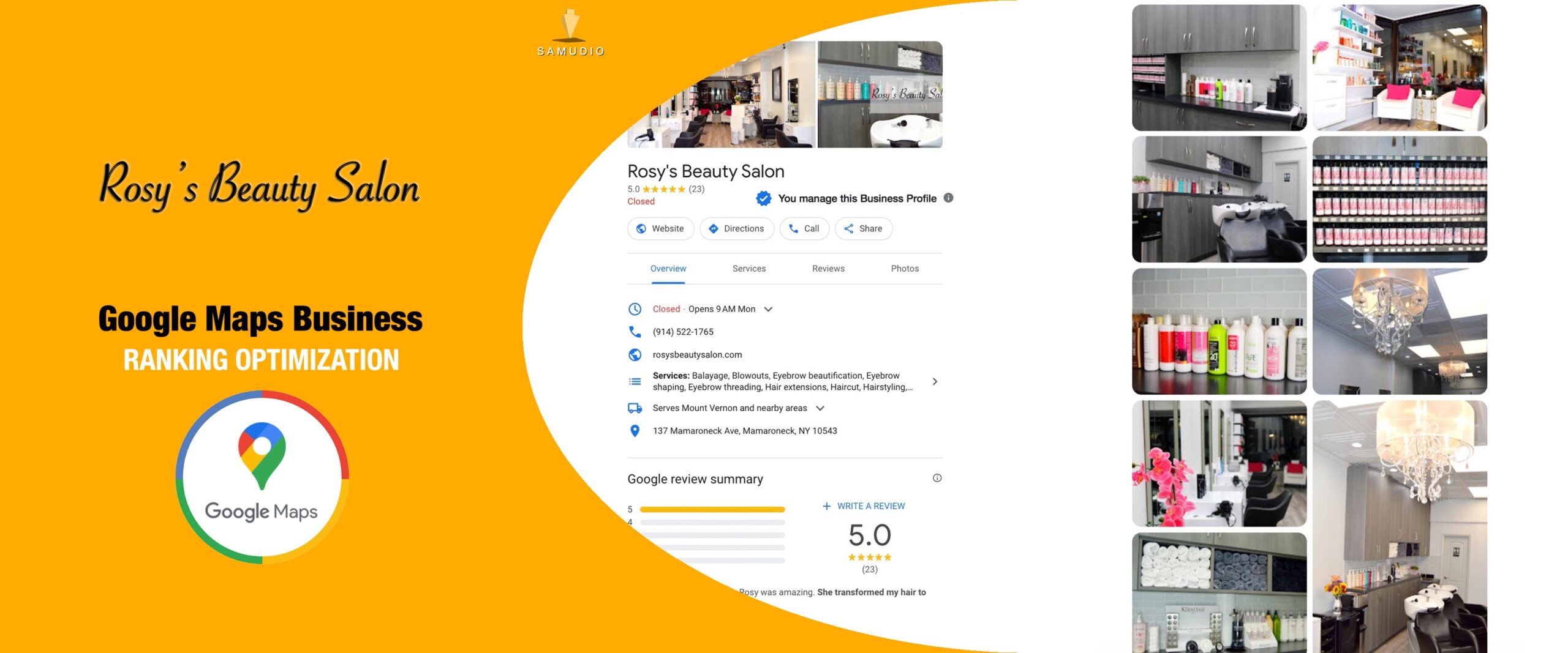 Google Maps Business Profile optimization for Rosy’s Beauty Salon by Samudio Studios, a marketing agency, showcasing enhanced local visibility and real results for clients to help the salon dominate its local market.