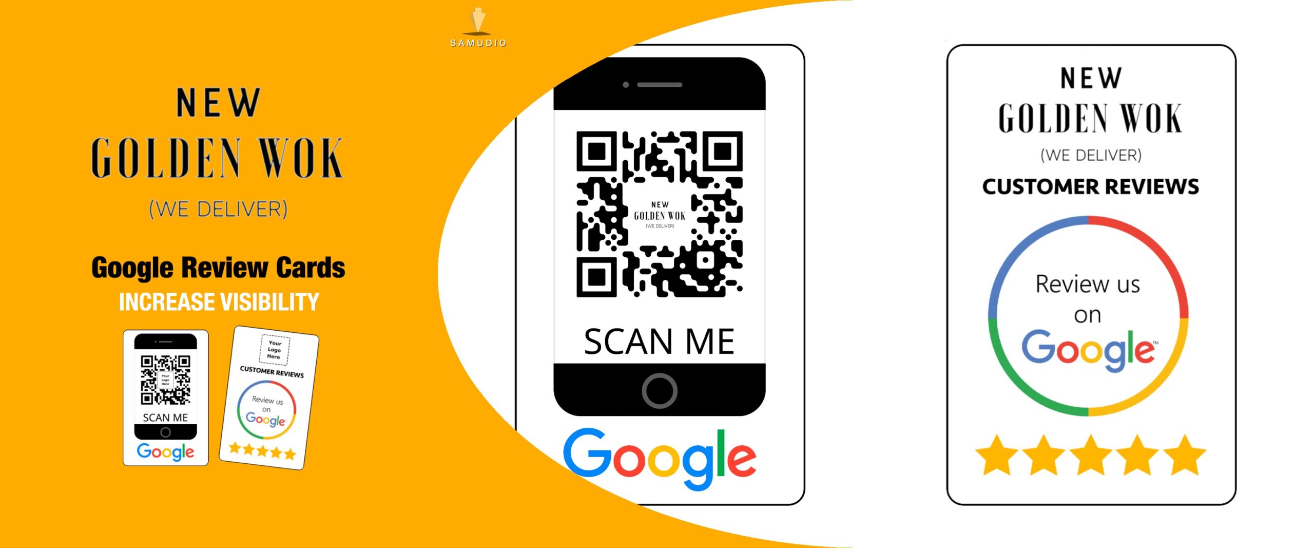 Google review cards for New Golden Wok created by Samudio Studios, a marketing agency, showcasing a customer review solution that delivers real results for clients and helps the restaurant dominate its local market.