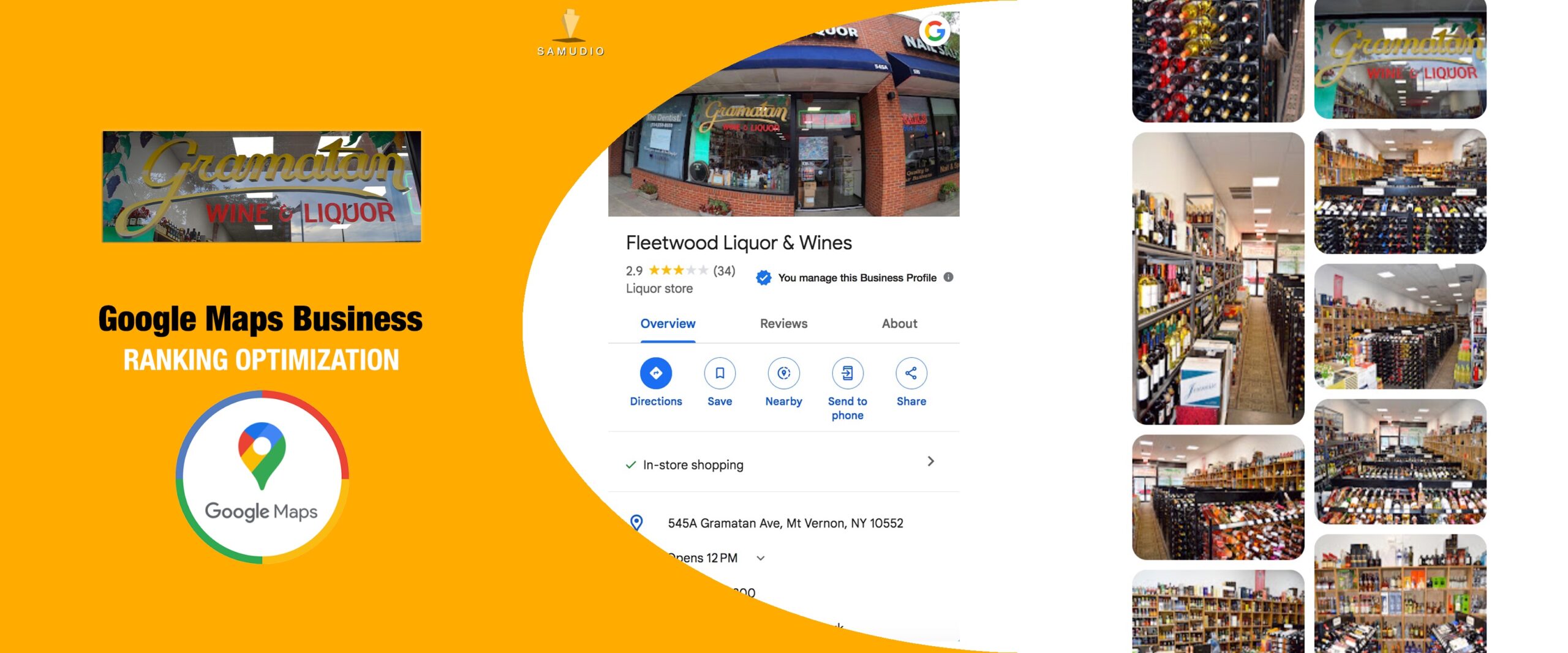 Google Maps Business Profile optimization for Gramatan Wine & Liquor by Samudio Studios, a marketing agency, showcasing enhanced local visibility and real results for clients to help the store dominate its local market.