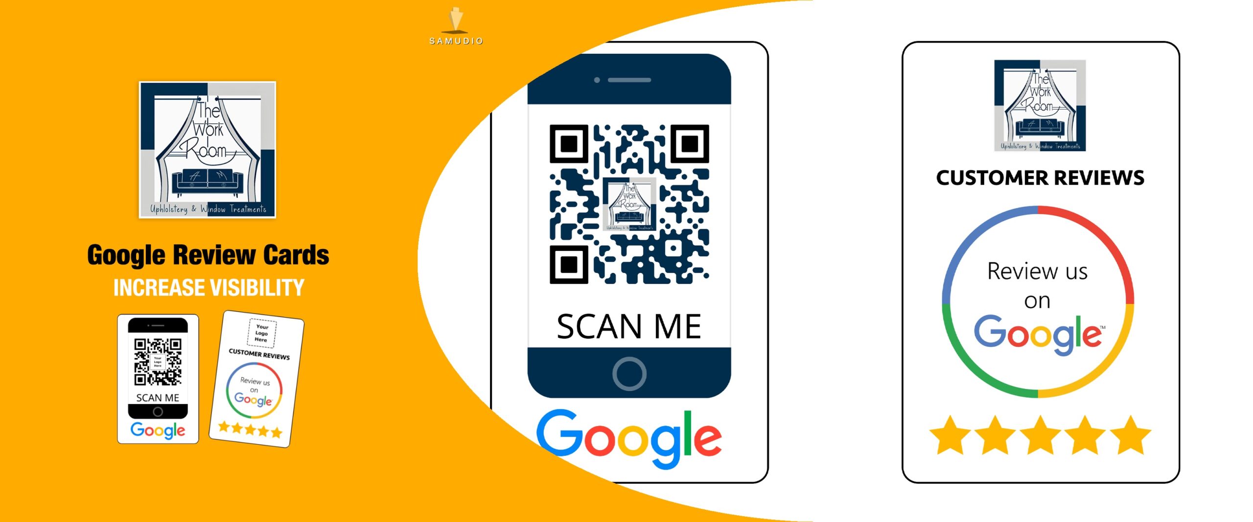 Google review cards for The Work Room showcasing a customer review marketing solution designed to generate more Google reviews, increase local search visibility, and help the business dominate its local market.