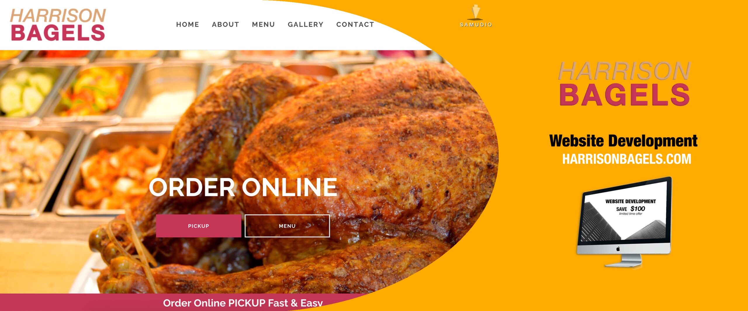 Website development for Harrison Bagels by Samudio Studios, a marketing agency, showcasing a modern, responsive website that delivers real results for clients and helps the bagel shop dominate its local market.