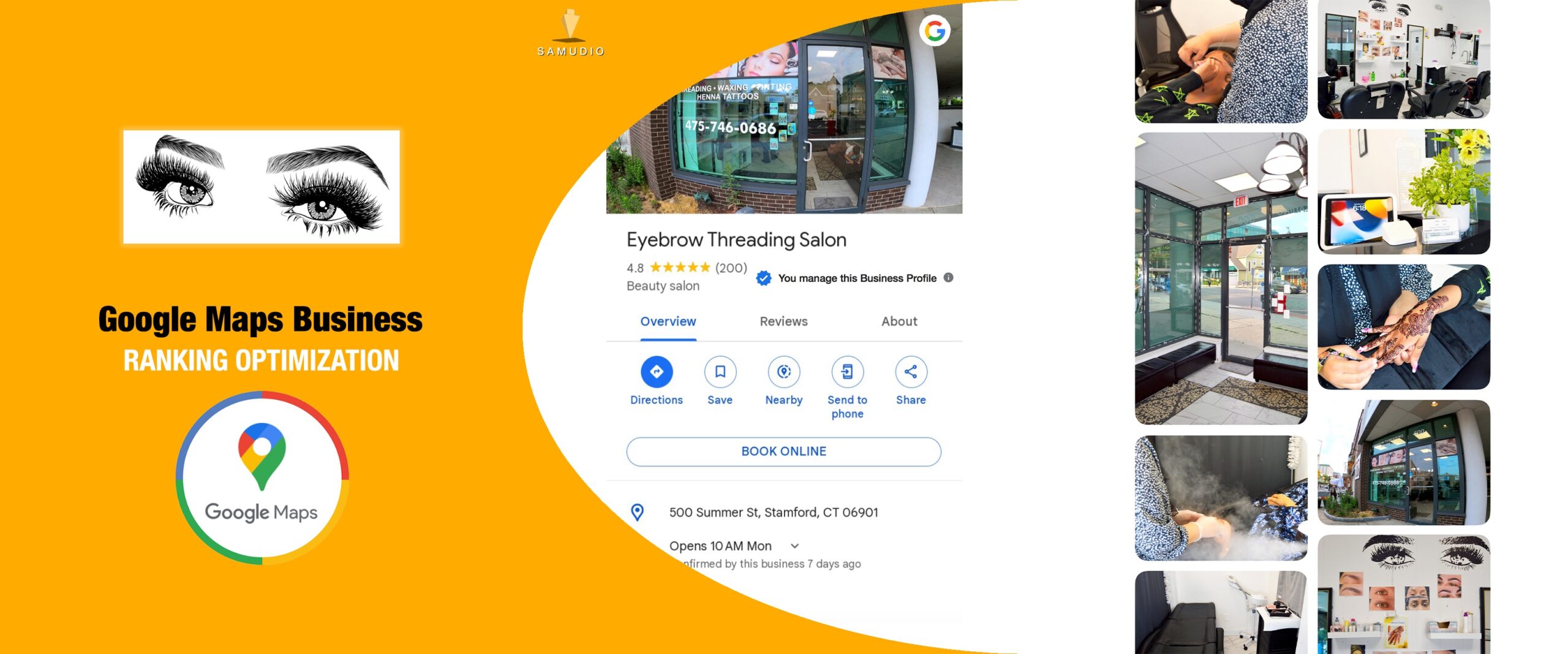 Google Maps Business Profile optimization for Eyebrow Threading Salon by Samudio Studios, a marketing agency, showcasing enhanced local visibility and real results for clients to help the salon dominate its local market.