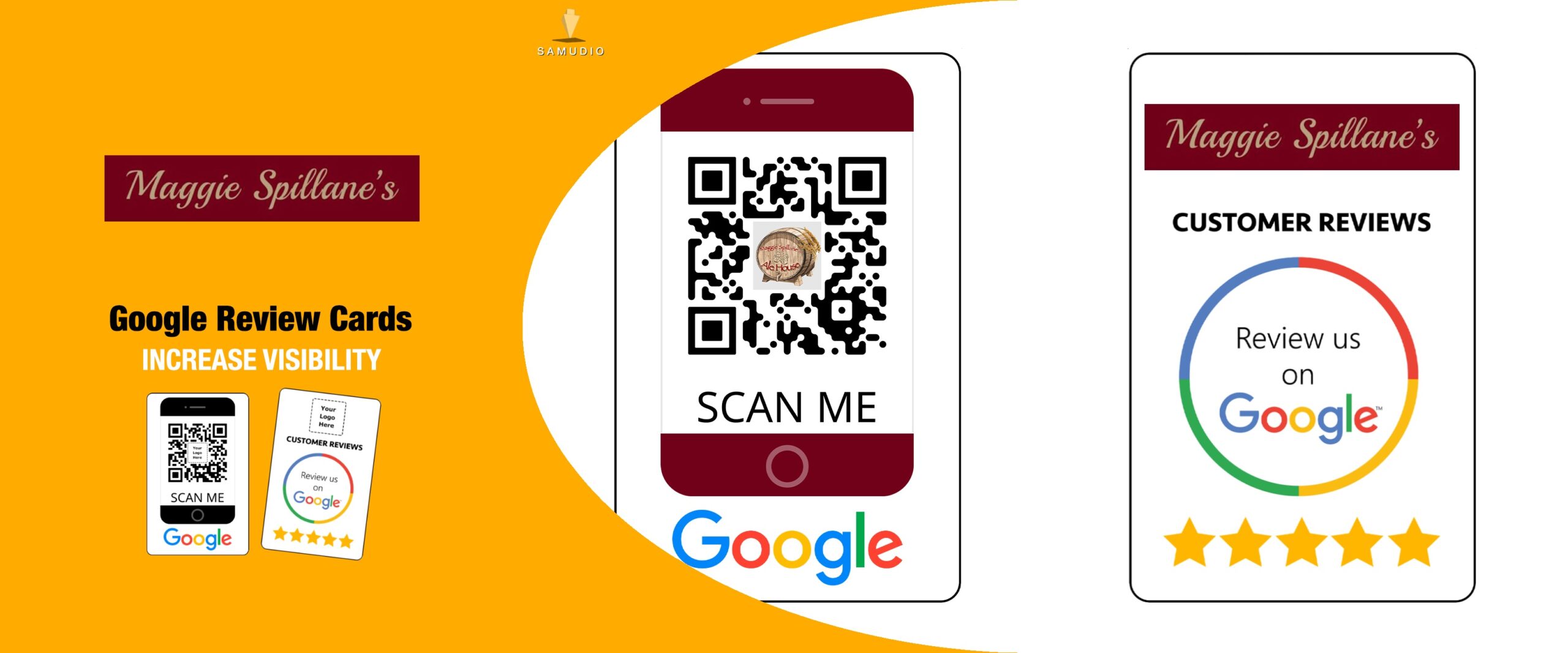 Google review cards for Maggie Spillane’s created by Samudio Studios, a marketing agency, showcasing a customer review solution that delivers real results for clients and helps the business dominate its local market.