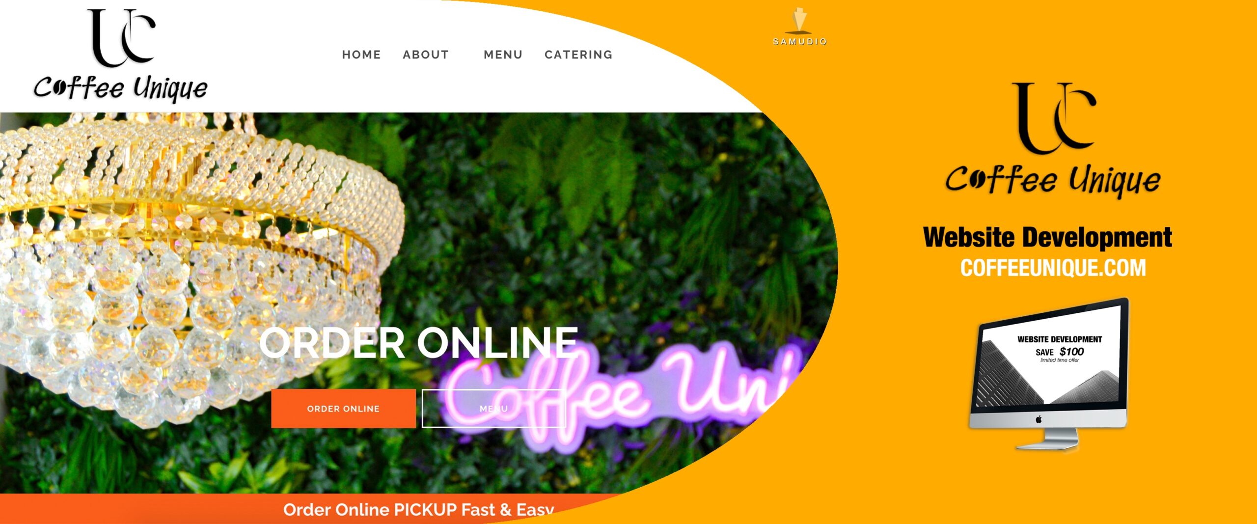 Website development for Coffee Unique by Samudio Studios, a marketing agency, showcasing a modern, responsive website that delivers real results for clients and helps the coffee shop dominate its local market.