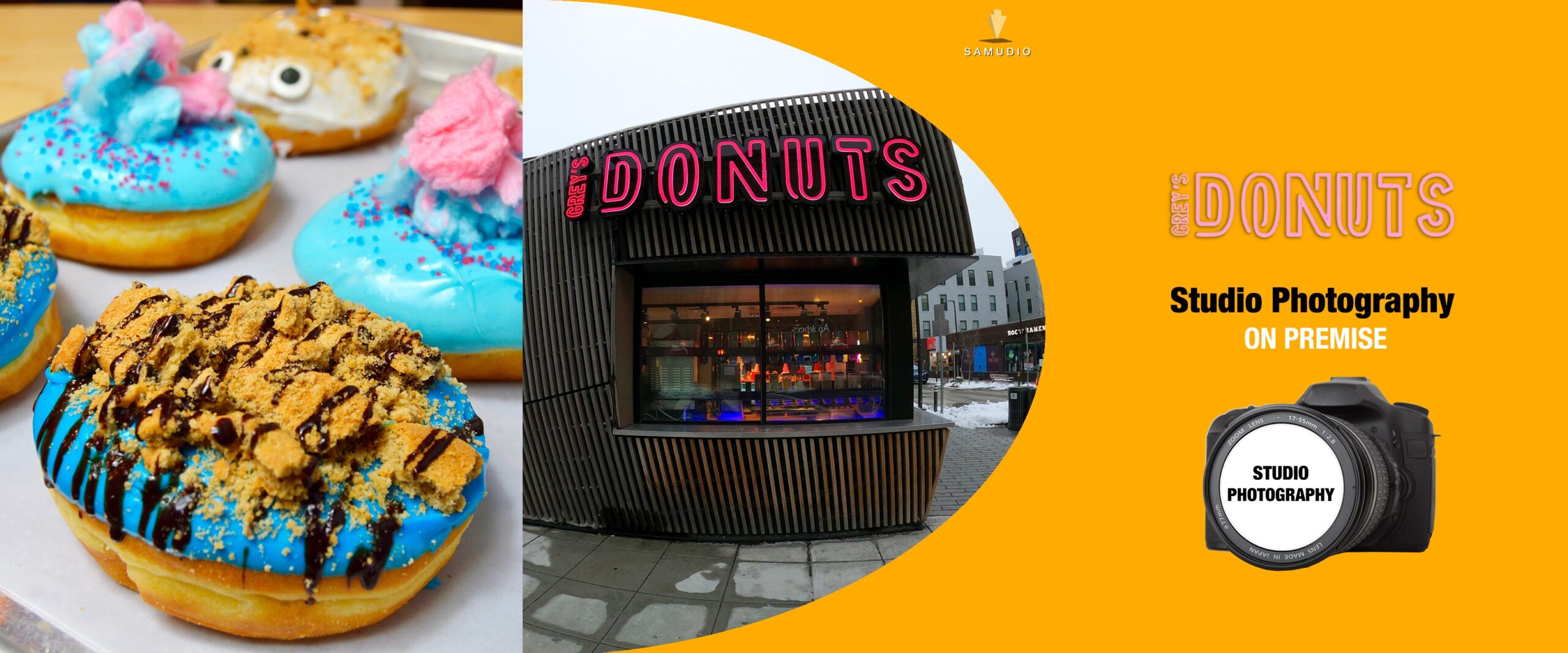 Studio photography for Grey’s Donuts by Samudio Studios, a marketing agency, showcasing professional bakery imagery that delivers real results for clients and helps the business dominate its local market.