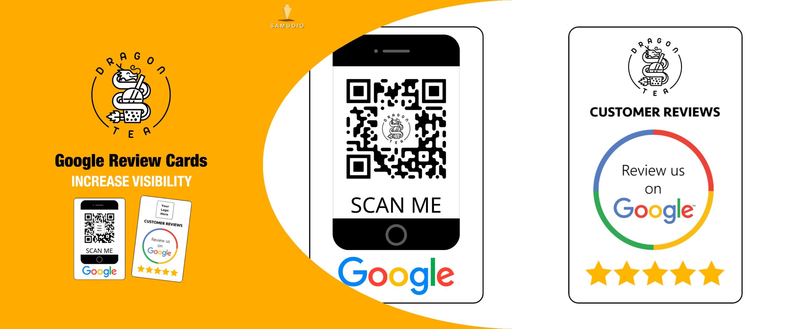 Google review cards for Dragon Tea created by Samudio Studios, a marketing agency, showcasing a customer review solution that delivers real results for clients and helps the tea shop dominate its local market.