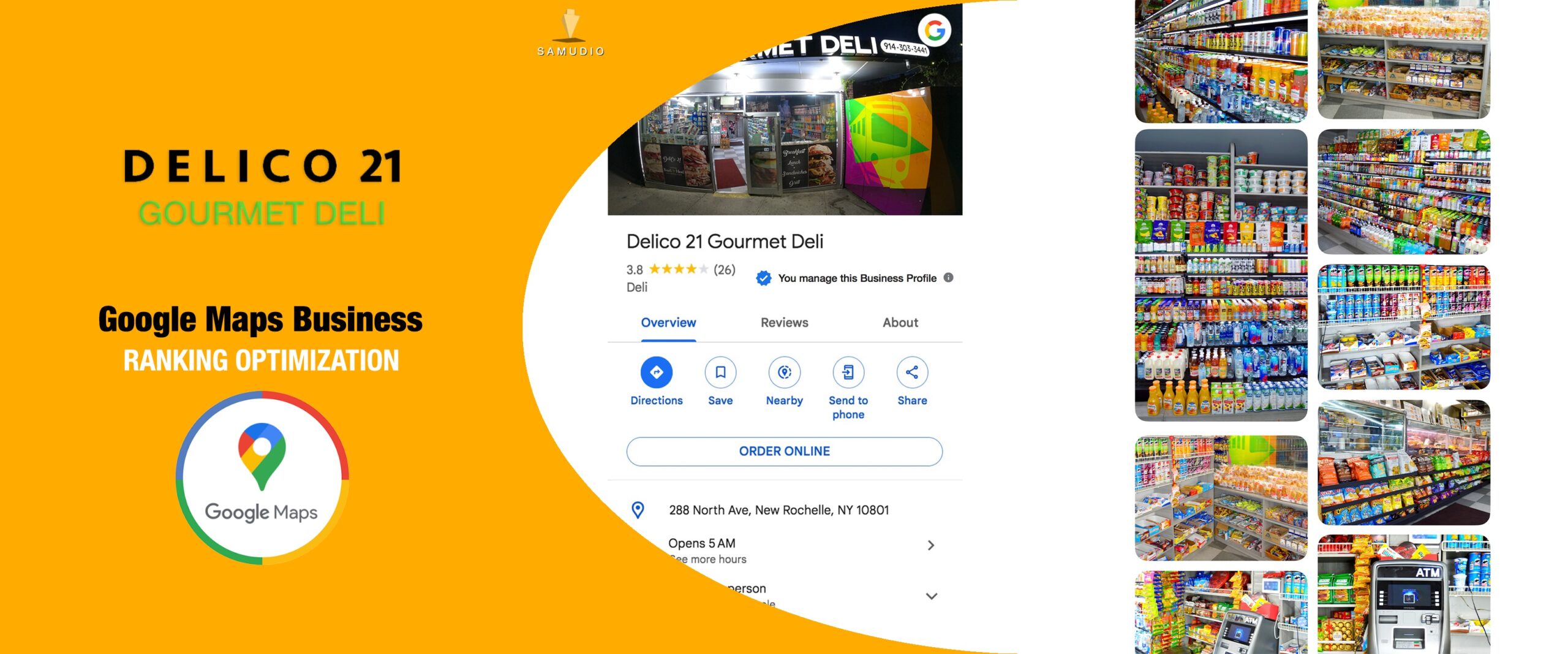 Google Maps Business Profile optimization for Delico 21 by Samudio Studios, a marketing agency, showcasing enhanced local visibility and real results for clients to help the restaurant dominate its local market.