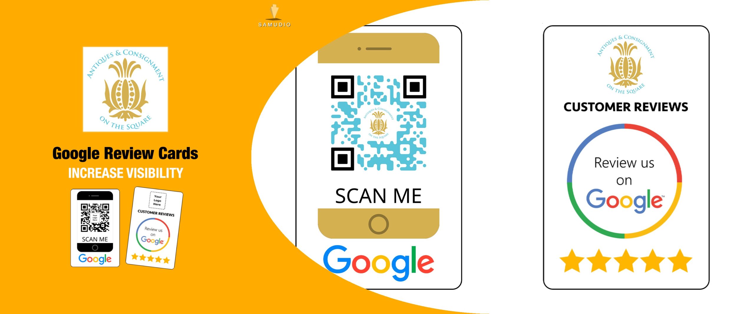 Google review cards for Antiques & Consignment created by Samudio Studios, a marketing agency, showcasing a customer review solution that delivers real results for clients and helps the business dominate its local market.