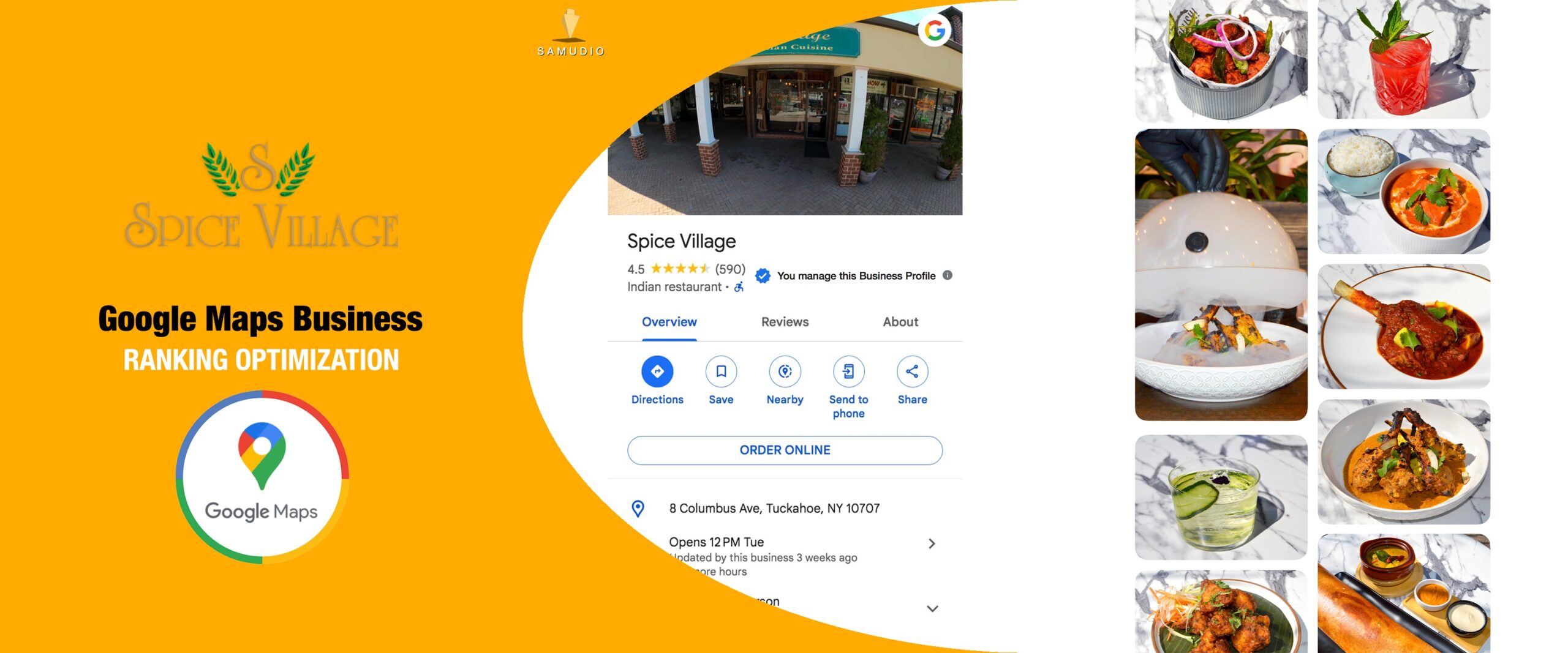 Google Maps Business Profile optimization for Spice Village by Samudio Studios, a marketing agency, showcasing enhanced local visibility and real results for clients to help the restaurant dominate its local market.