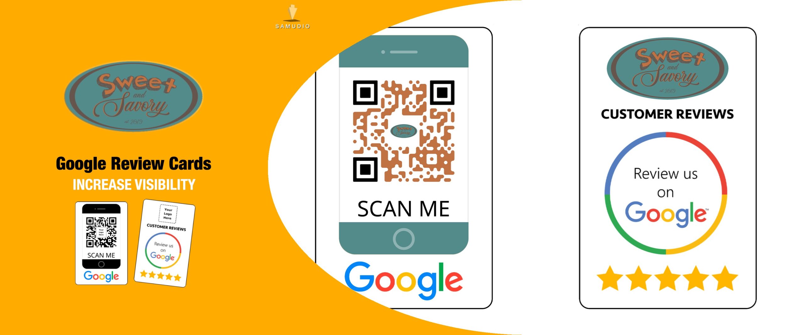 Google review cards for Sweet & Savory created by Samudio Studios, a marketing agency, showcasing a customer review solution that delivers real results for clients and helps the business dominate its local market.