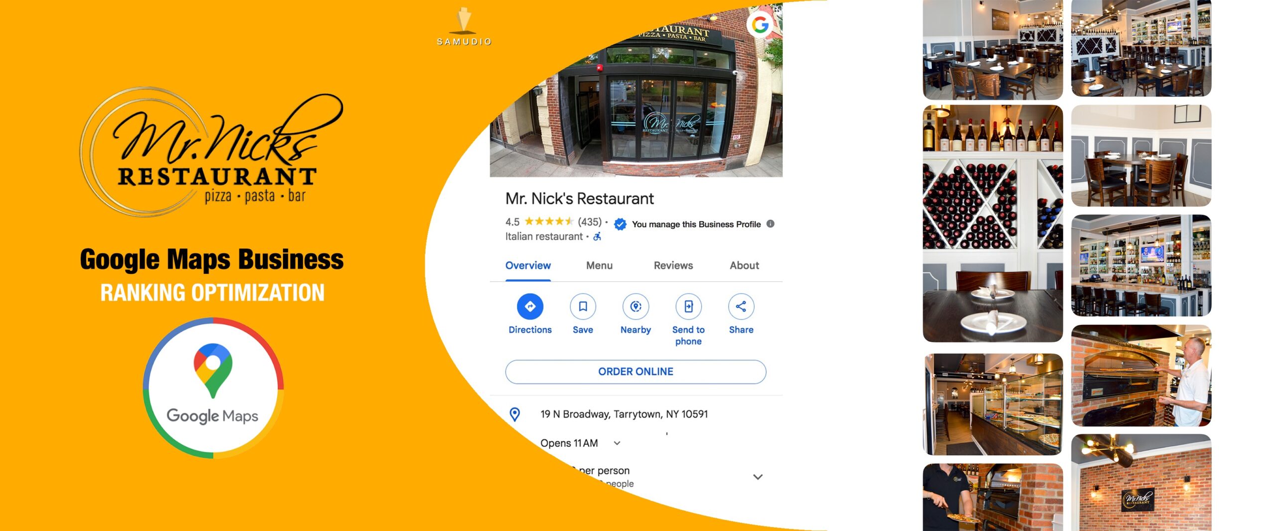Google Maps Business Profile optimization for Mr. Nicks Restaurant by Samudio Studios, a marketing agency, showcasing enhanced local visibility and real results for clients to help the restaurant dominate its local market.