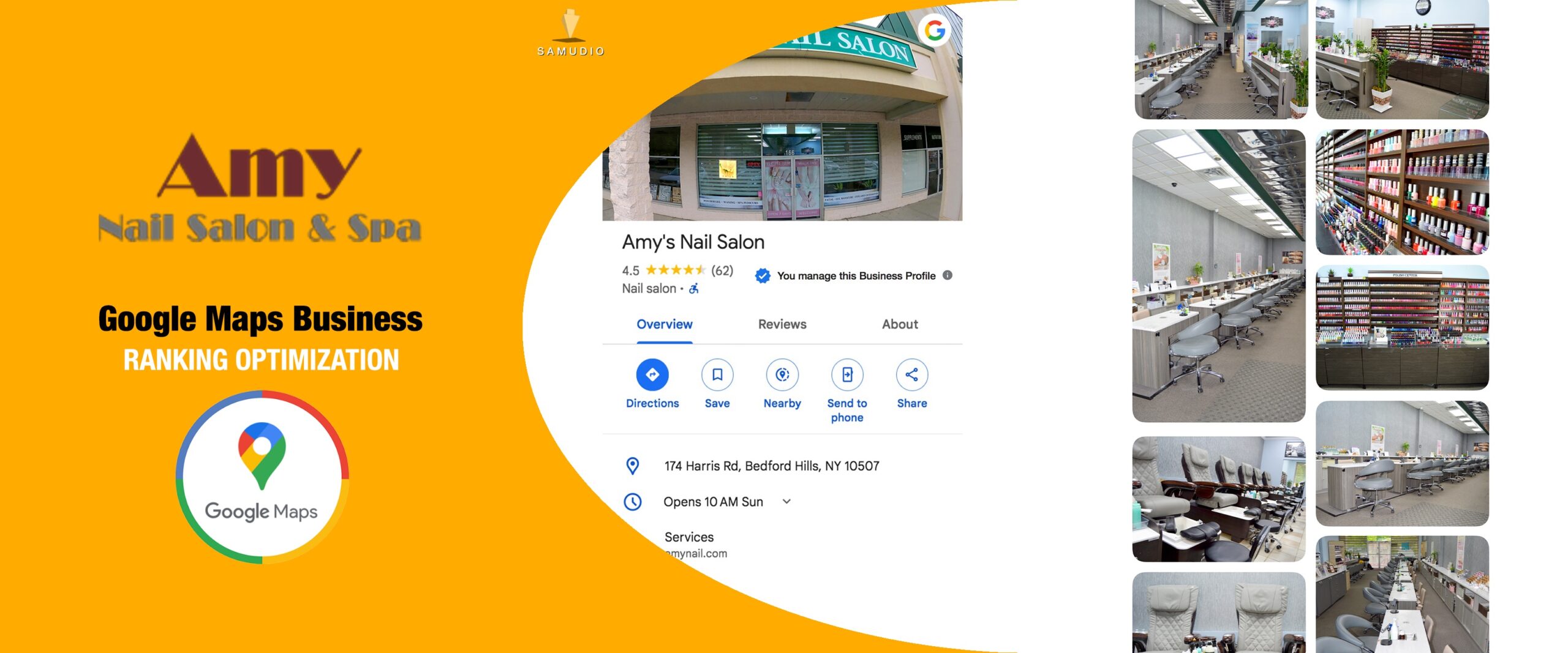 Google Maps Business Profile optimization for Amy Nail Salon & Spa by Samudio Studios, a marketing agency, showcasing enhanced local visibility and real results for clients to help the salon dominate its local market.