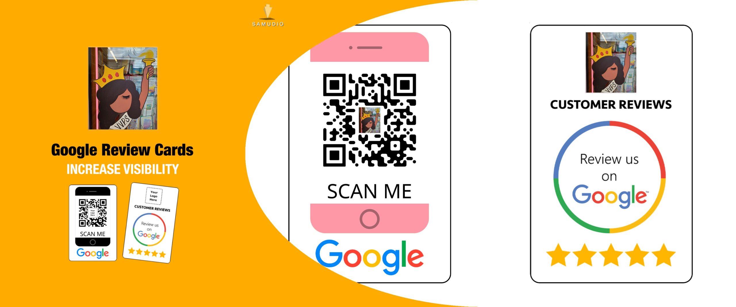Google review cards for Very Velma’s Party Shop created by Samudio Studios, a marketing agency, showcasing a customer review solution that delivers real results for clients and helps the party shop dominate its local market.