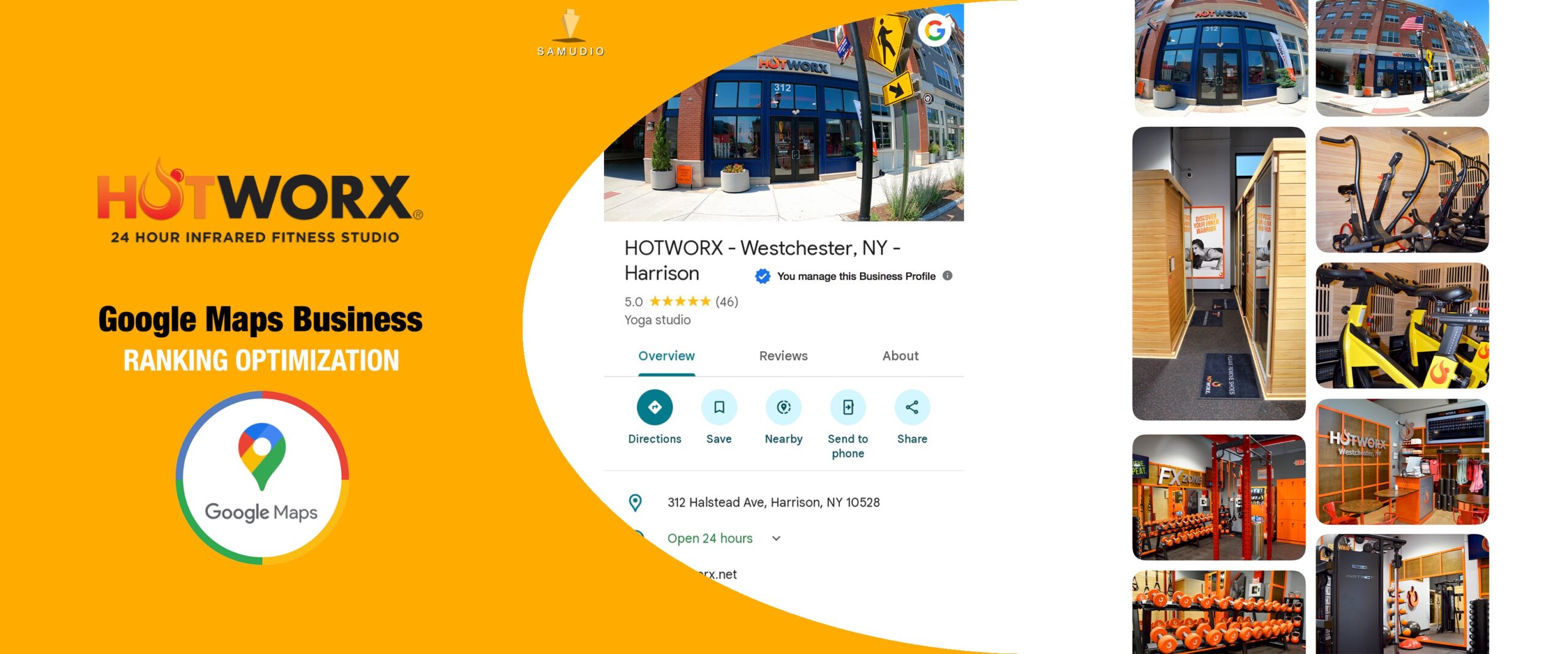 Google Maps Business Profile optimization for Hotworx by Samudio Studios, a marketing agency, showcasing enhanced local visibility and real results for clients to help the fitness studio dominate its local market.