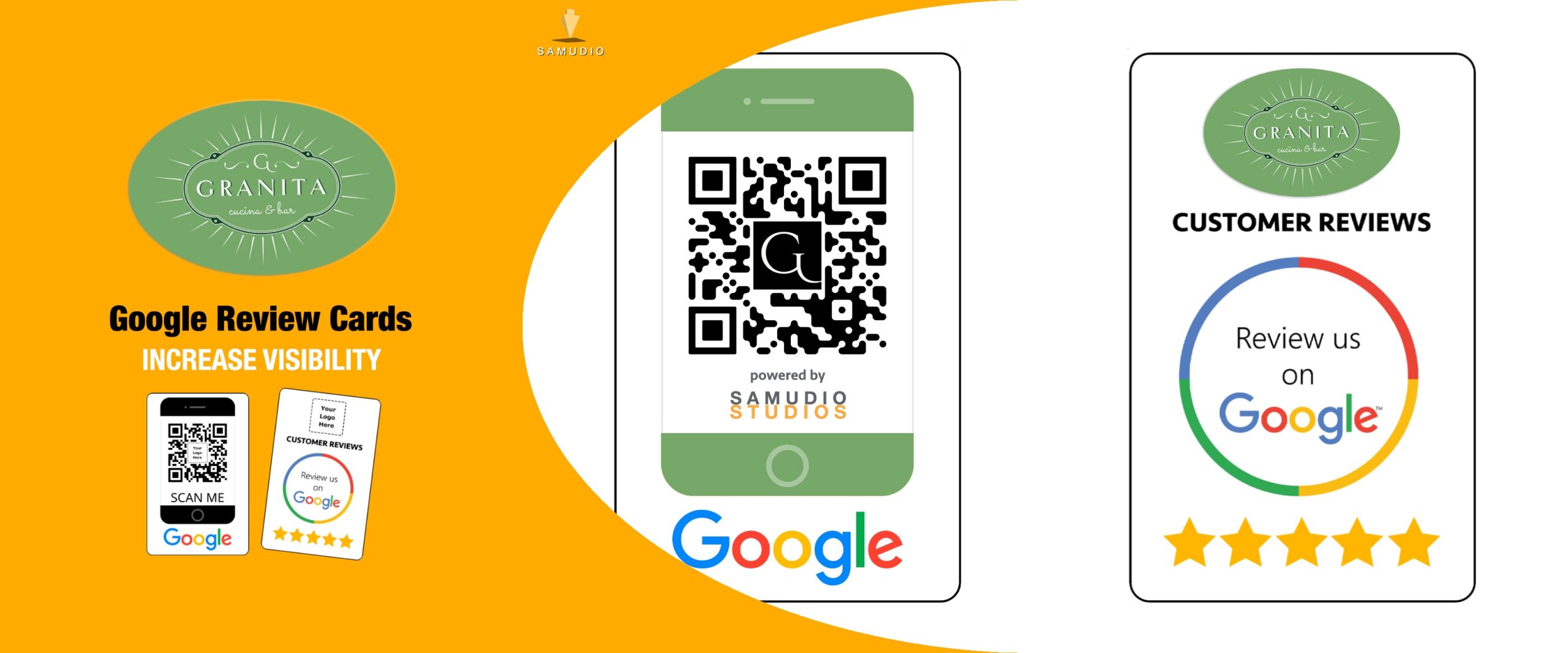 Google review cards for Granita created by Samudio Studios, a marketing agency, showcasing a customer review solution that delivers real results for clients and helps the business dominate its local market.