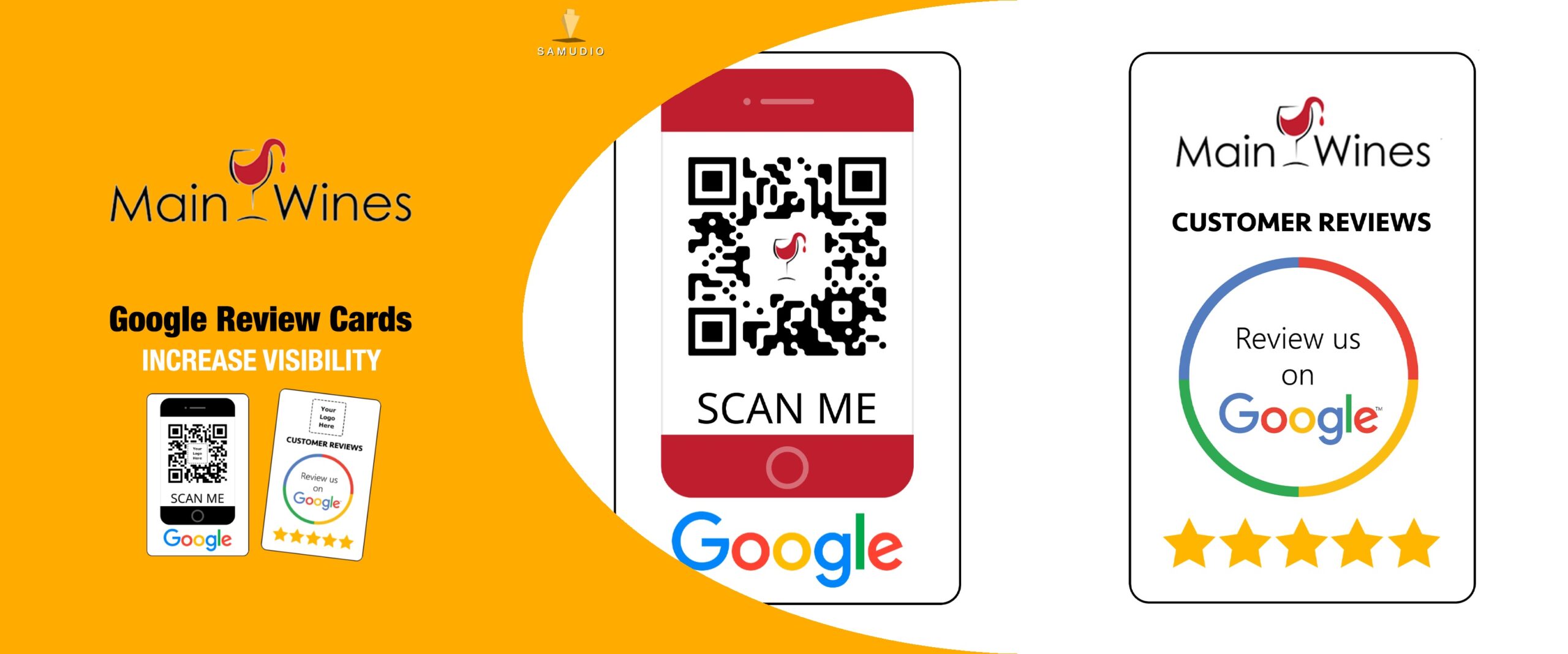 Google review cards for Main Wines showcasing a customer review marketing solution designed to generate more Google reviews, boost local search visibility, and help the wine business dominate its local market.